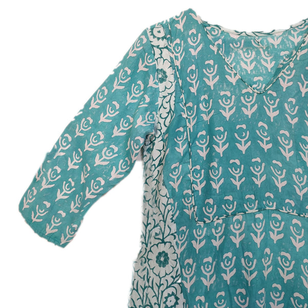 Teal blue and white Block Printed Maxi Cotton Ethnic Dress.