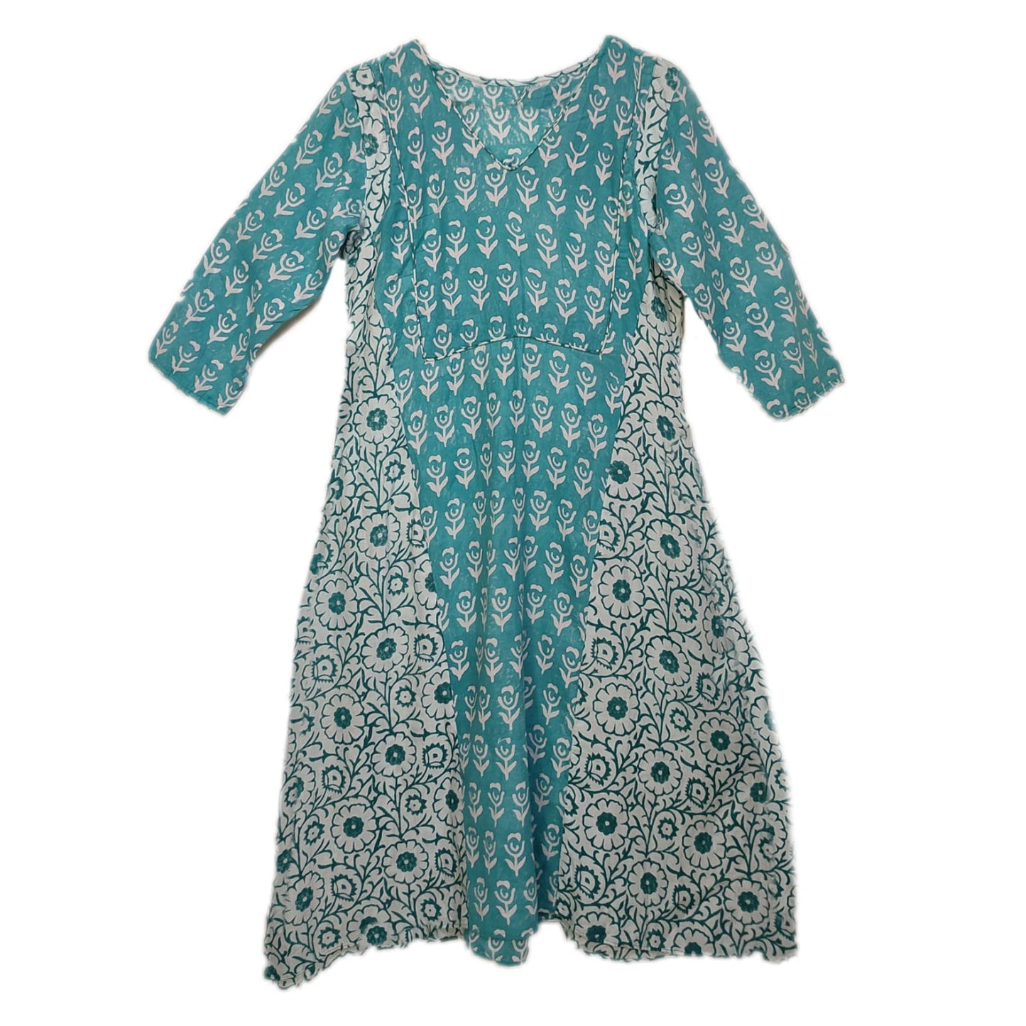 Teal blue and white Block Printed Maxi Cotton Ethnic Dress.