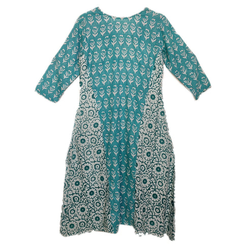 Teal blue and white Block Printed Maxi Cotton Ethnic Dress.