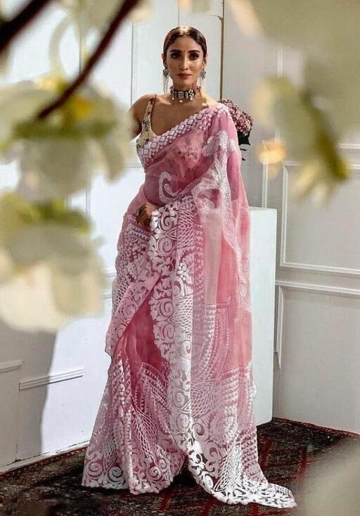 Pink White lace embroidery work Net Saree