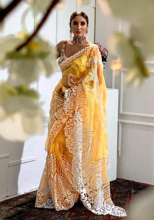 Yellow with white lace embroidery Net Sarees Dailybuyys