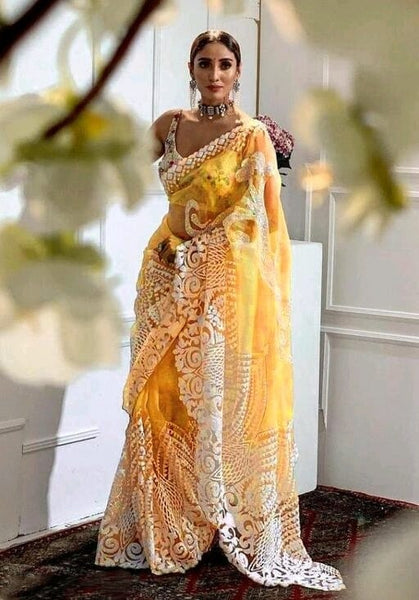 Yellow with white lace embroidery Net Sarees