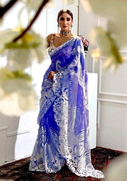 Blue with white lace embroidery Net Sarees Get Extra 10% Discount on All Prepaid Transaction