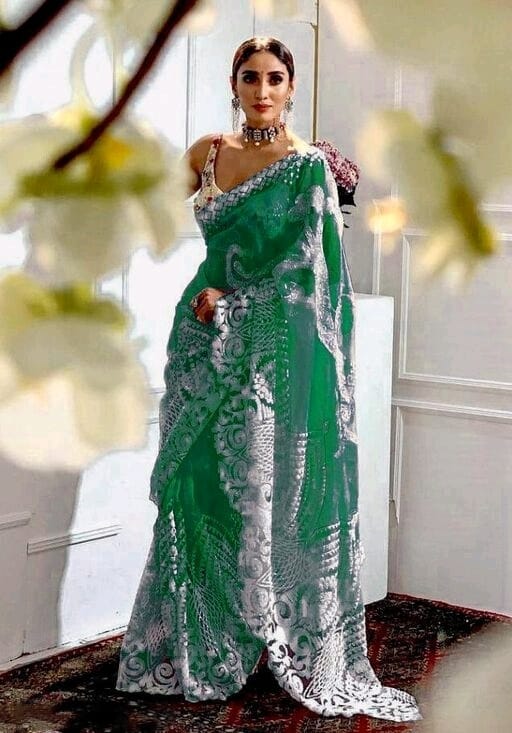 Green with white lace embroidery Net Sarees Get Extra 10% Discount on All Prepaid Transaction