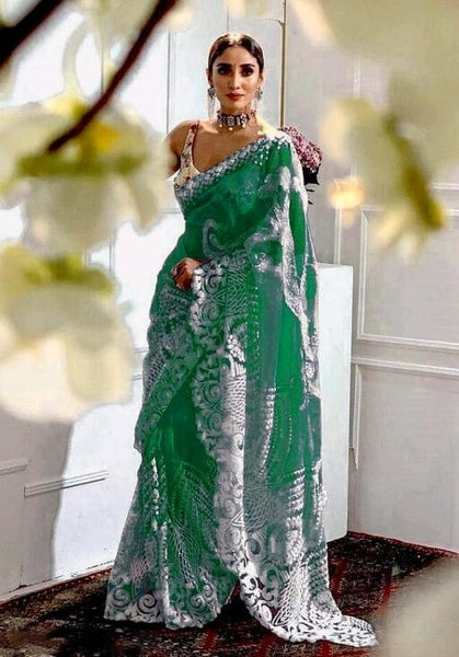 Green with white lace embroidery Net Sarees