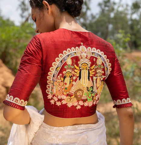 Bengali Wedding Mukut Motif Embroidered Boat Neck Blouses Get Extra 10% Discount on All Prepaid Transaction