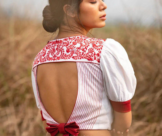 White boat neck blouse with Red embroidered detailing