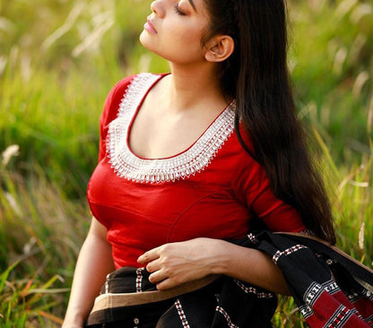 Red Blouse with neckline embroidery