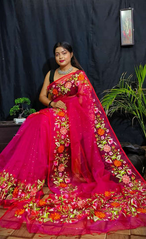 Bright Pink Pure Silk Mark Certified Muslin Embroidered Saree Get Extra 10% Discount on All Prepaid Transaction