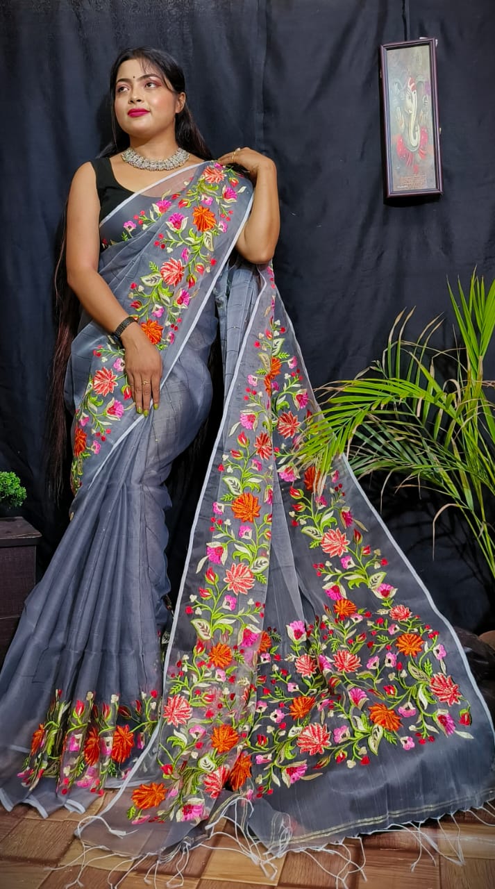 Grey Pure Silk Mark Certified Muslin Embroidered Saree