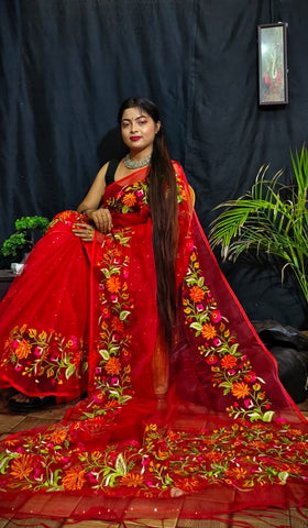 Bright Red Pure Reshom Silk Mark Certified Muslin Embroidered Saree Get Extra 10% Discount on All Prepaid Transaction