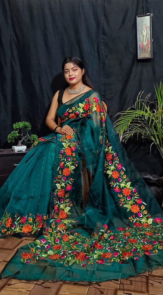 Dark Green Pure Silk Mark Certified Muslin Embroidered Saree