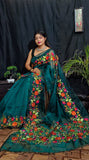 Dark Green Pure Silk Mark Certified Muslin Embroidered Saree Get Extra 10% Discount on All Prepaid Transaction