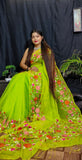 Neon Green Pure Reshom Silk Mark Certified Muslin Embroidered Saree Get Extra 10% Discount on All Prepaid Transaction
