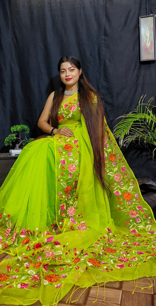 Neon Green Pure Reshom Silk Mark Certified Muslin Embroidered Saree