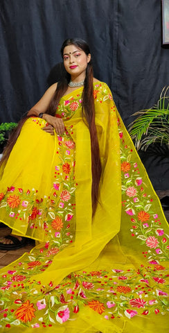 Yellow Pure Reshom Silk Mark Certified Muslin Embroidered Saree Get Extra 10% Discount on All Prepaid Transaction