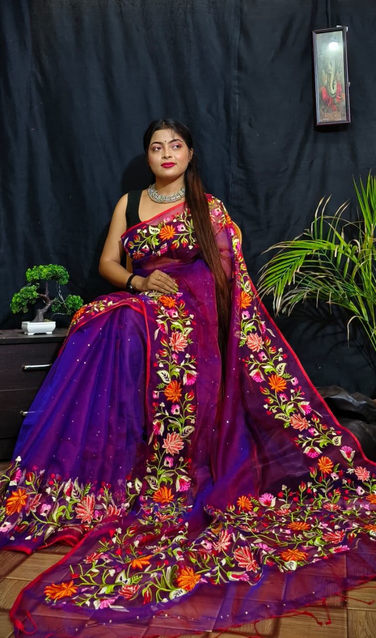 Pure Organza Saree With Multi Hand Work Designer Plaiting Border And  Banglori Silk Blouse - Urban Libaas