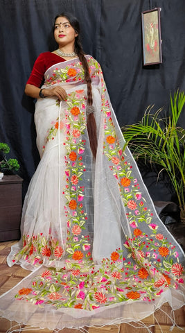 White Pure Reshom Silk Mark Certified Muslin Embroidered Saree Get Extra 10% Discount on All Prepaid Transaction