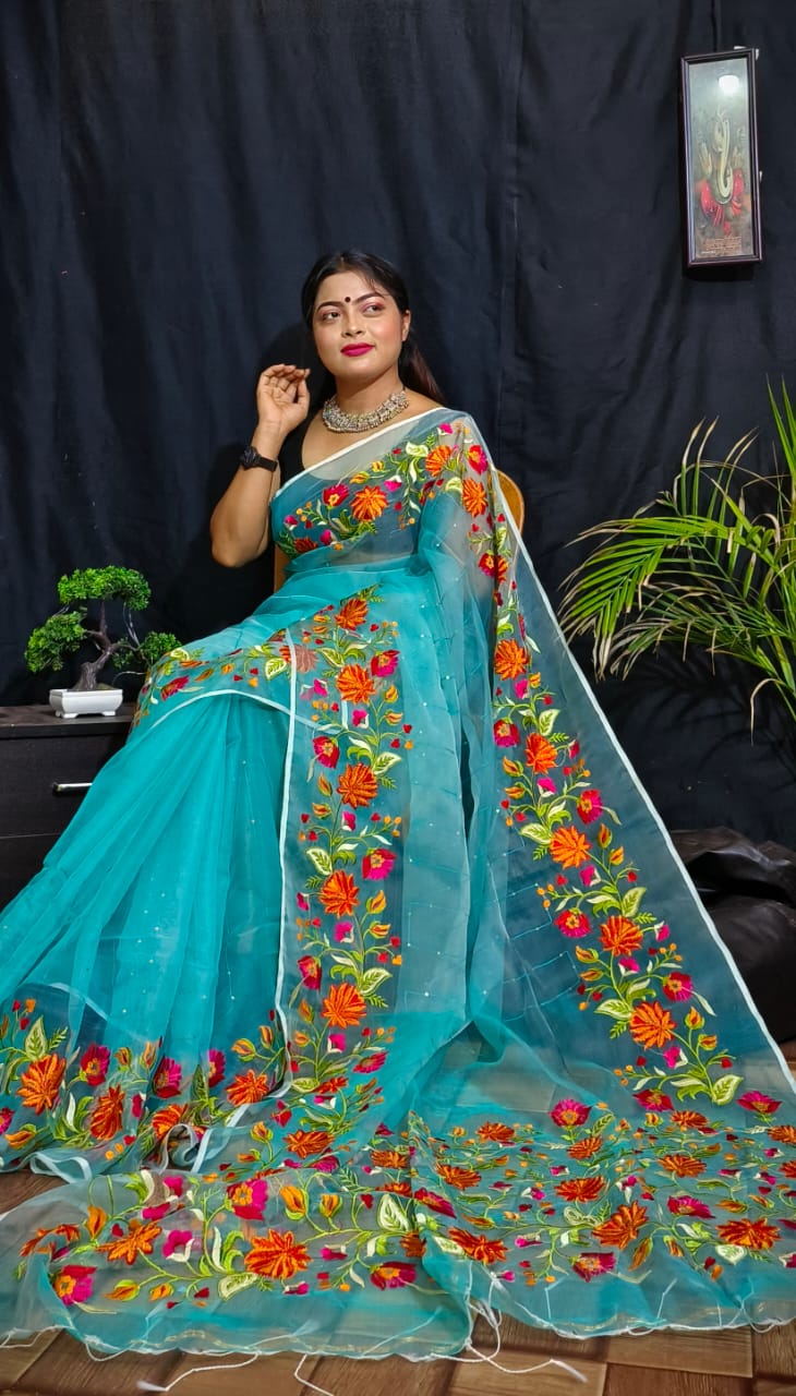 Sky Blue Pure Reshom Silk Mark Certified Muslin Embroidered Saree - Dailybuyys