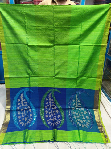 Tri-color Lime Green Handloom Matka Silk Mark Certified Muslin Silk Sarees