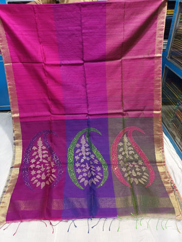 Tri-color Pink Handloom Matka Silk Mark Certified Muslin Silk Sarees