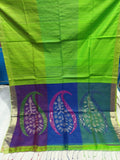 Tri-color Lime Green Handloom Matka Silk Mark Certified Muslin Silk Sarees