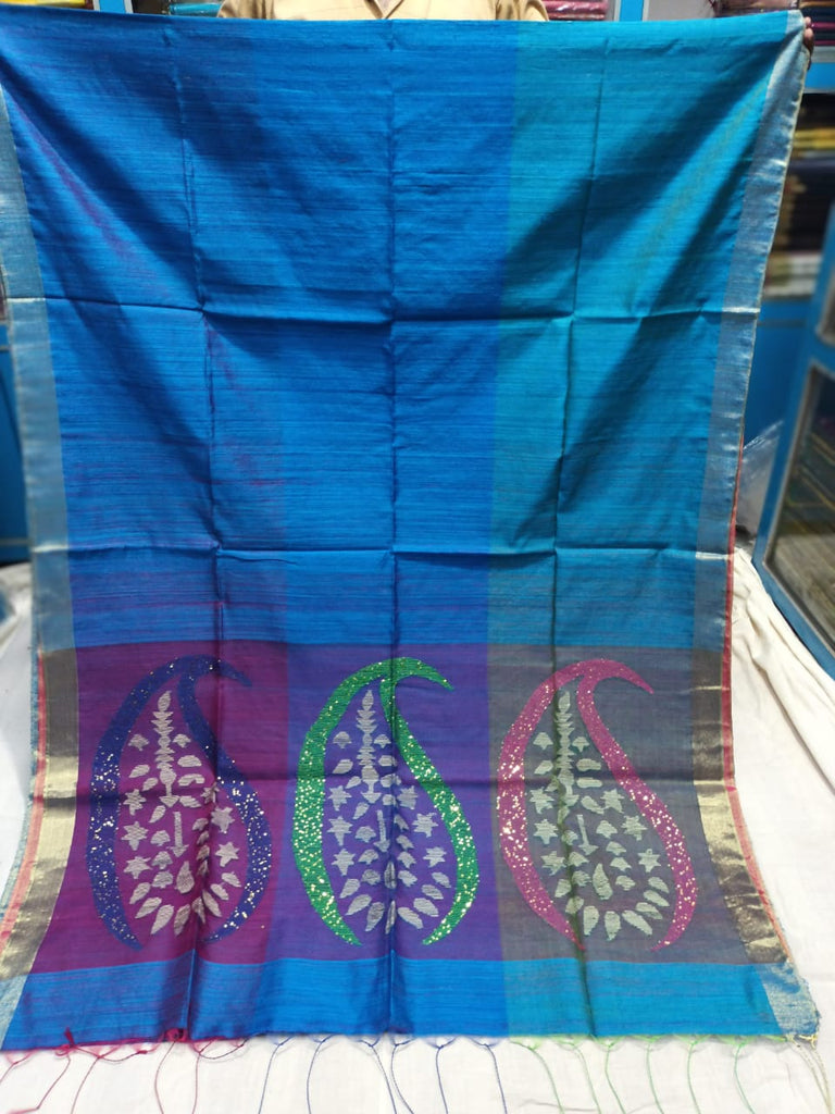 Tri-color Sky Blue Handloom Matka Silk Mark Certified Muslin Silk Sarees