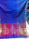 Tri-color Blue Handloom Matka Silk Mark Certified Muslin Silk Sarees