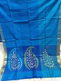 Tri-color Light Blue Handloom Matka Silk Mark Certified Muslin Silk Sarees