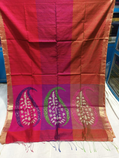 Tri-color Red Handloom Matka Silk Mark Certified Muslin Silk Sarees