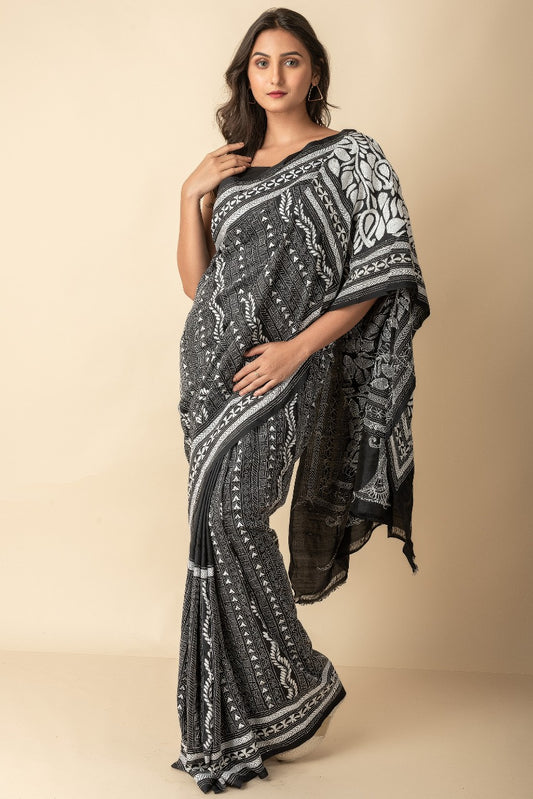 Pure Black & White Hand Embroidery Kantha Stitch Saree on Pure Bangalore Silk