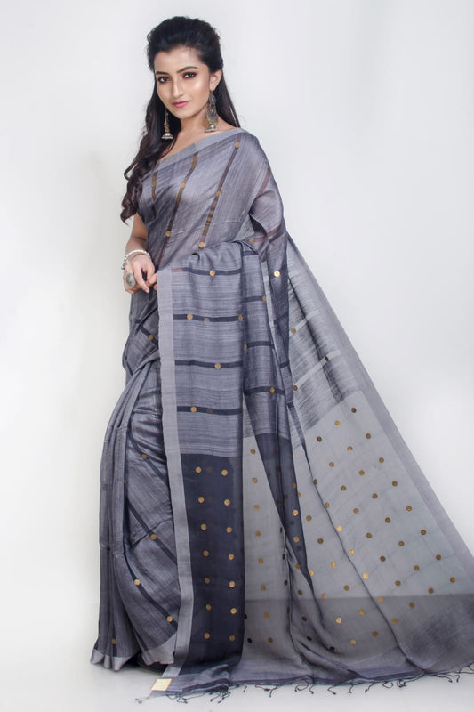 Handloom Gray & Black Matka Silk Mark Certified Muslin Silk Sarees