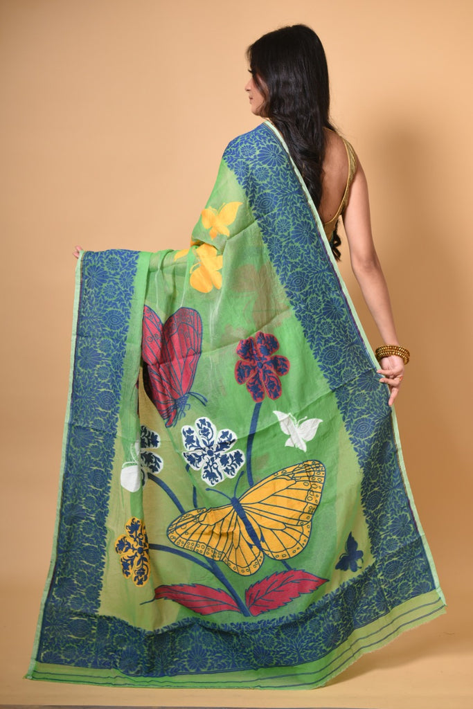 Green & Blue  Butterfly Handloom Jamdani Saree Get Extra 10% Discount on All Prepaid Transaction