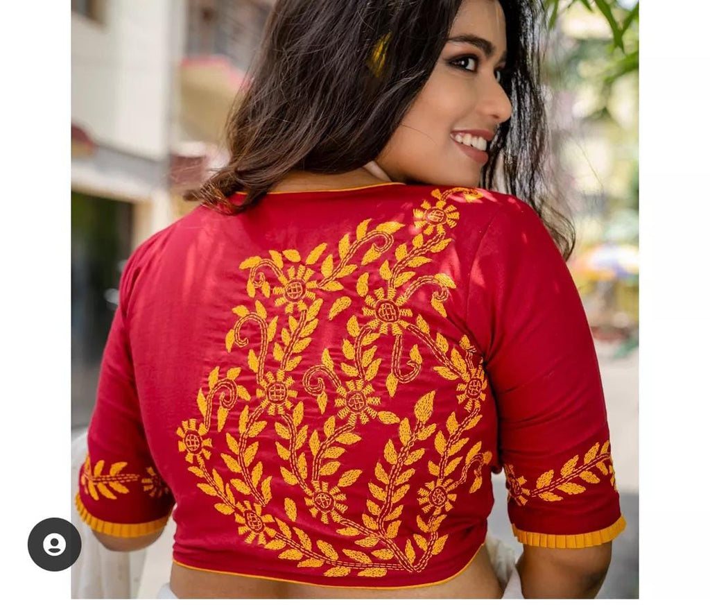 Red Floral Embroidered Blouses