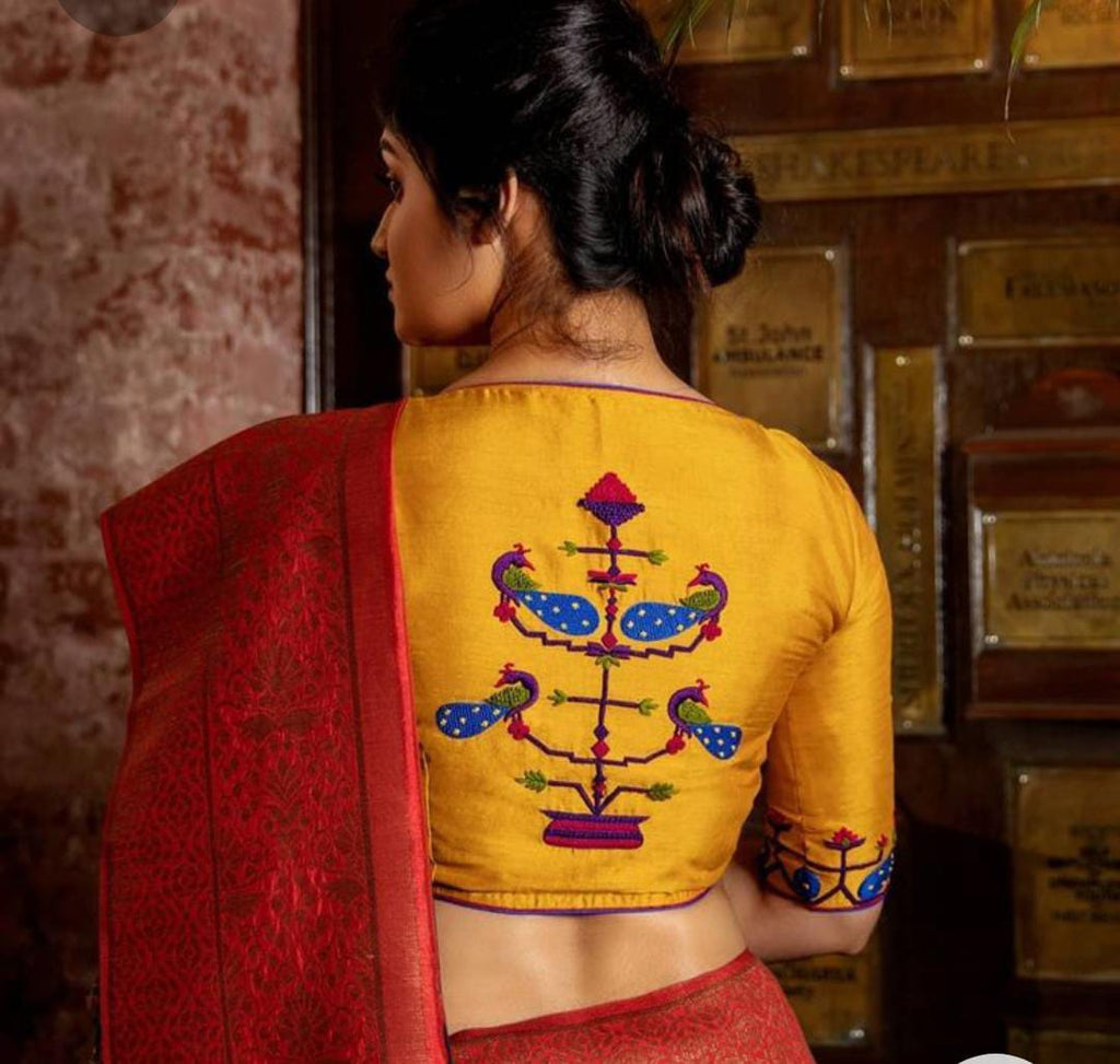 Yellow Peafowl Embroidered Blouses