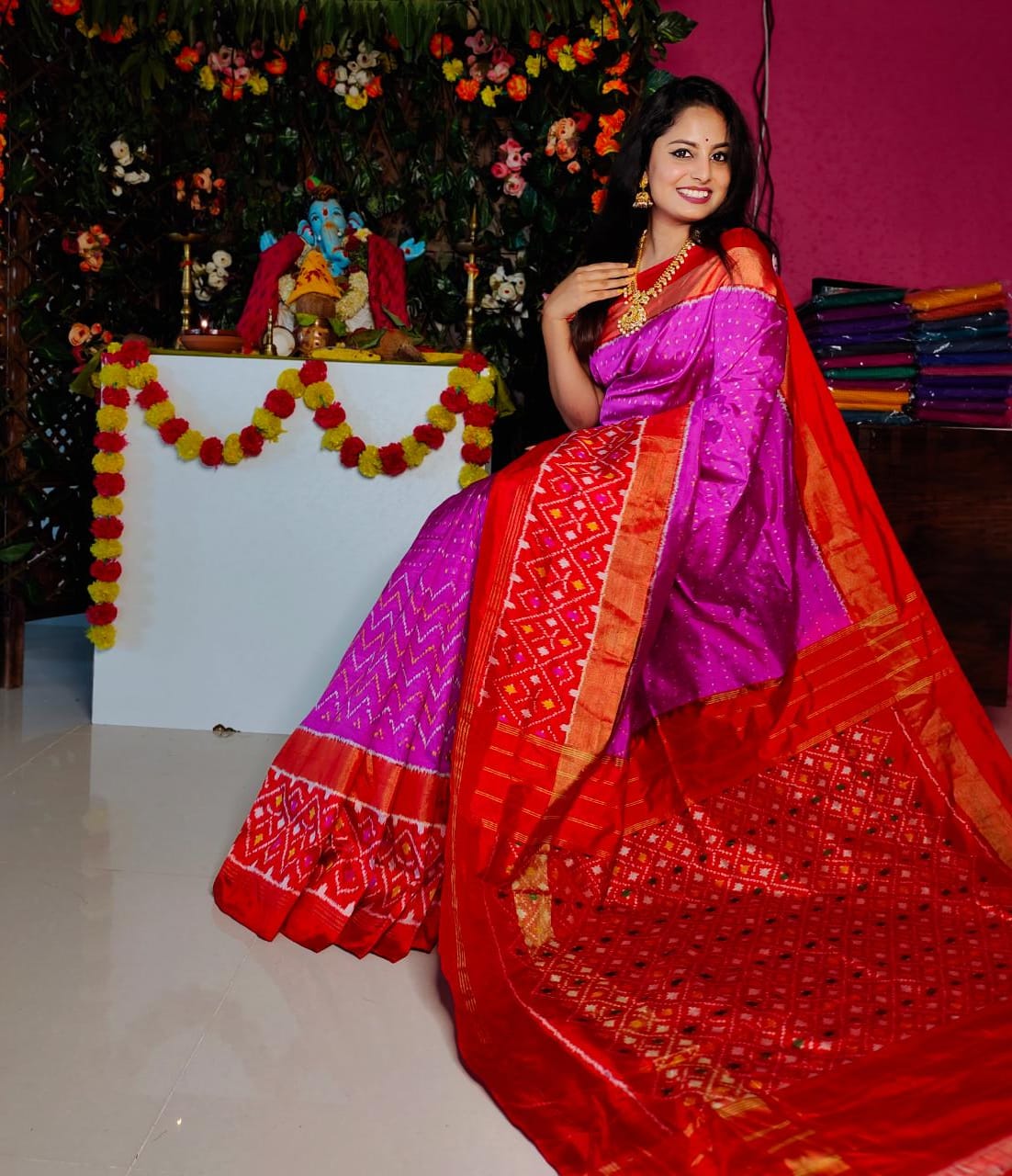 Pink Designer Ikkat Handloom Sarees