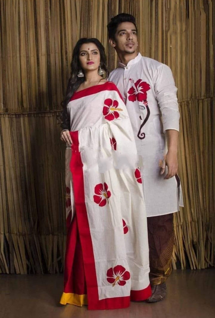 White Red Handloom Couple Set