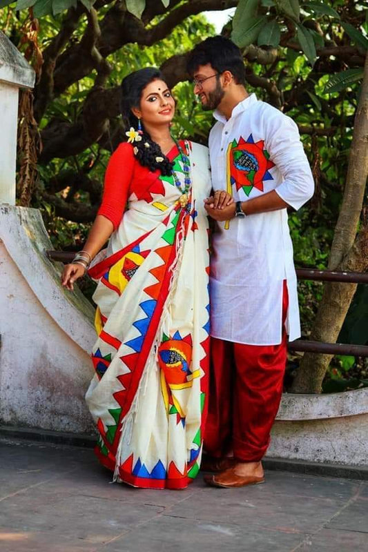 White Red Handloom Couple Set