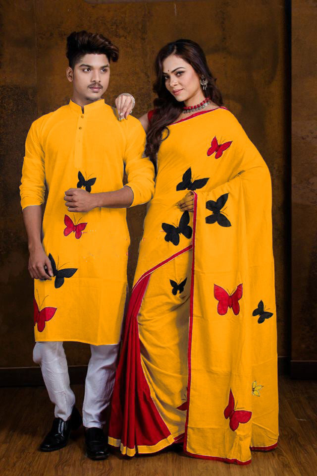 Trendy Couple Set Women's Sarees and Men's Handloom Pure Cotton Matching  Combo Couple Dress Saree and Kurta with Blouse Piece.