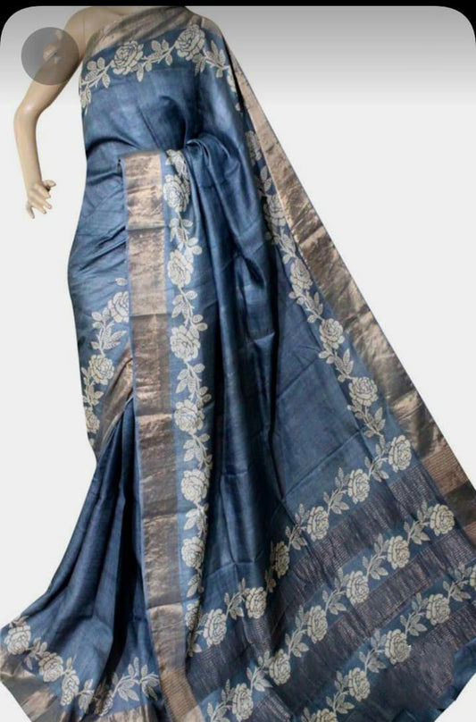 Grey Block Printed Zari Border Pure Silk Mark Certified Tussar Silk Sarees