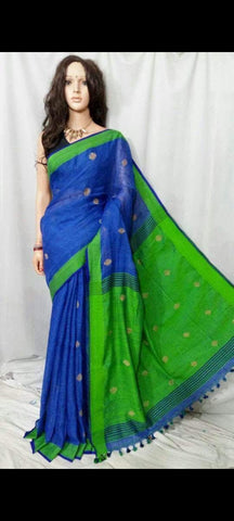 Blue Green Ball Pure Linen Sarees