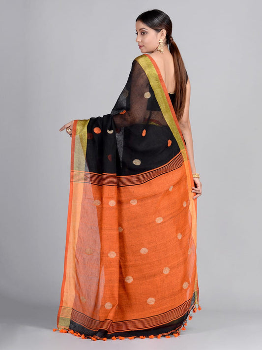 Orange Black Ball Pure Linen Sarees