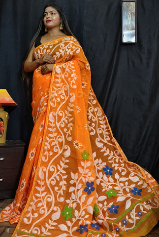 Orange Handloom Jamdani Saree Get Extra 10% Discount on All Prepaid Transaction