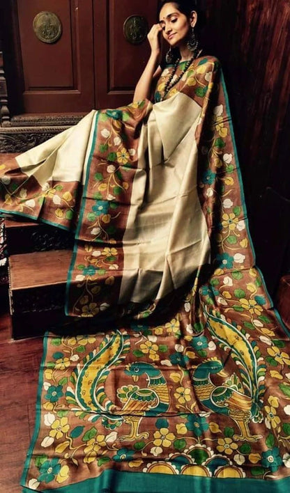 Beige Hand Pinted Kalamkari Design Pure Silk Mark Certified Kalamkari Bishnupuri Silk Sarees - Dailybuyys
