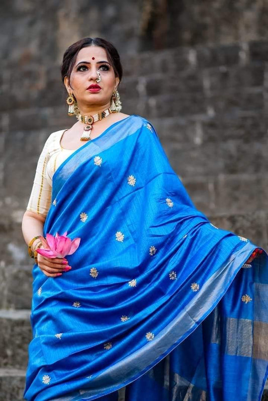 Blue Pure Munga Cotton Silk Handloom Saree