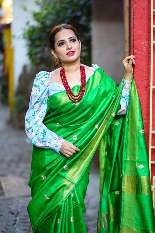 Green Pure Munga Cotton Silk Handloom Saree