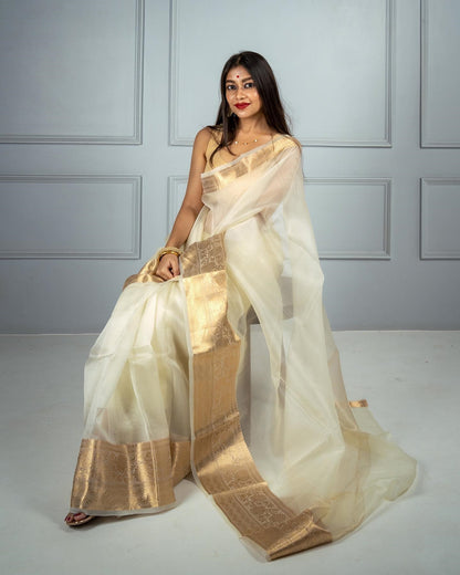 Golden Woven Designer Benarasi Organza Sarees