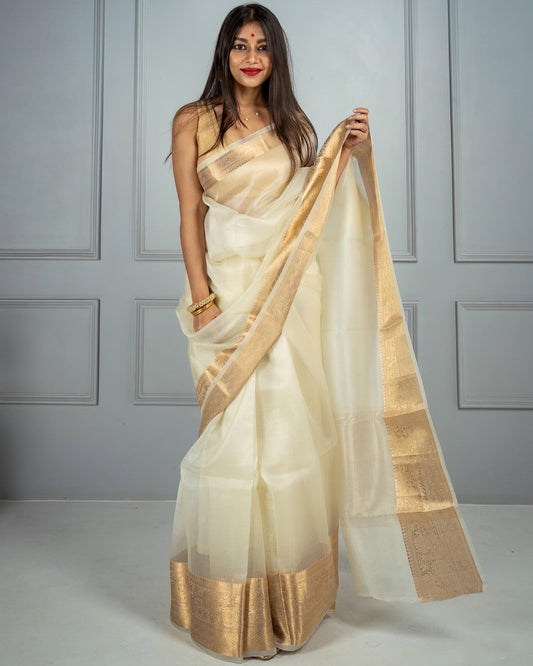 Golden Woven Designer Benarasi Organza Sarees