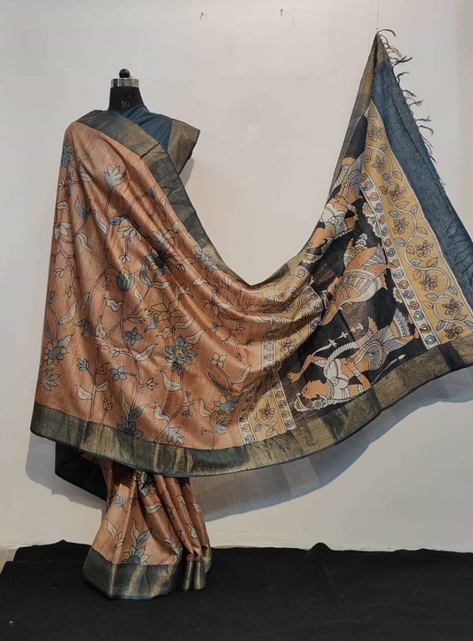 Rust Orange Pure Silk Mark Certified Tussar Silk Kalamkari Sarees