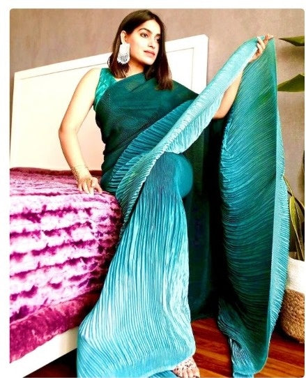 Designer Blue Ombre Pleated Georgette  Party Wear Sarees Get Extra 10% Discount on All Prepaid Transaction